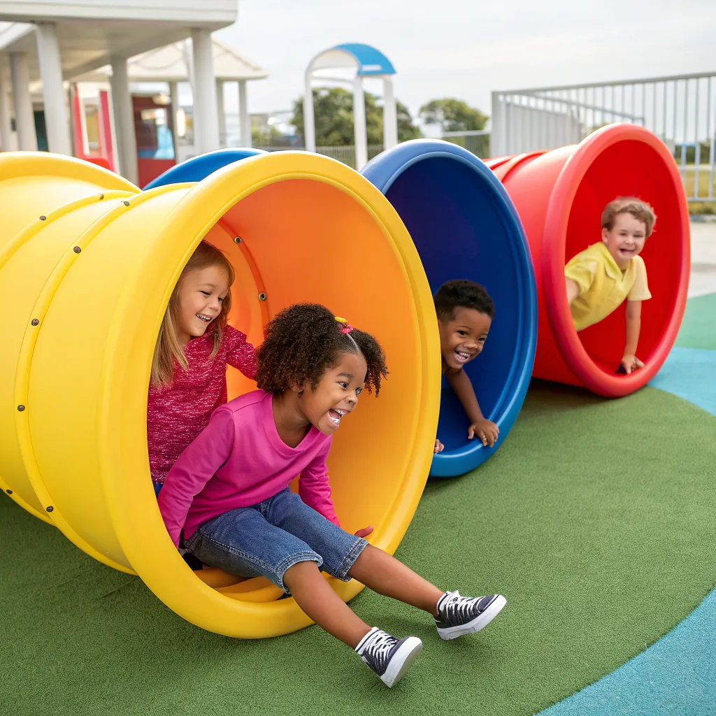 Children enjoying colorful play pod stations